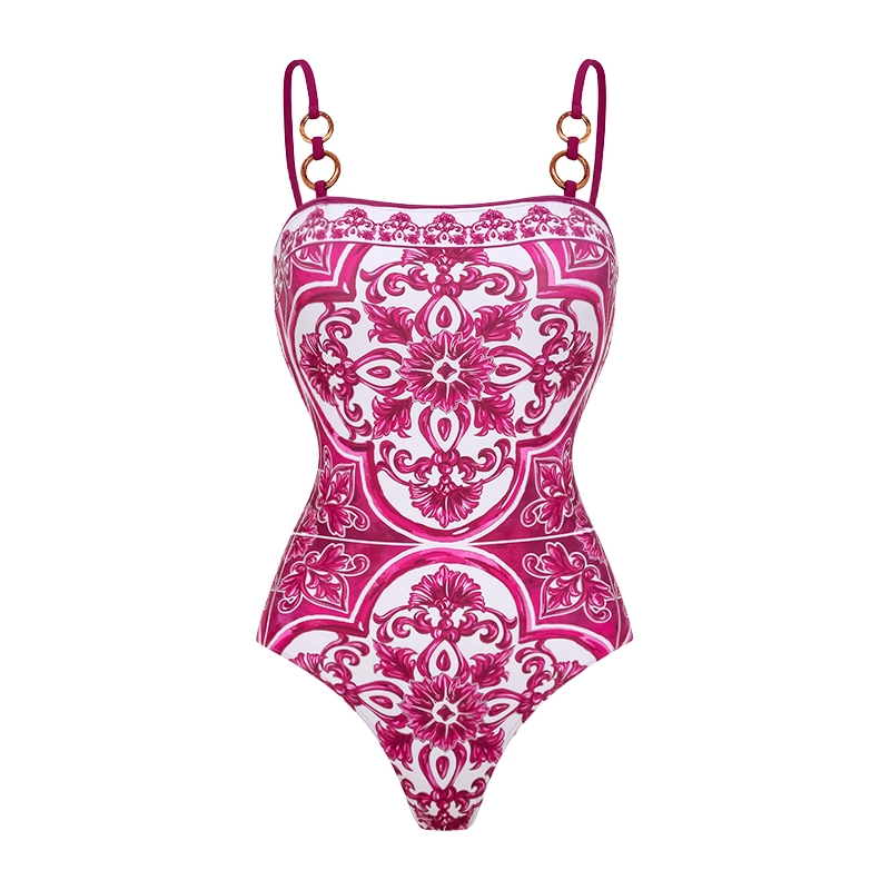 Sling Classic Majolica Series Pattern Print One Piece Swimsuit and Skirt - Pink