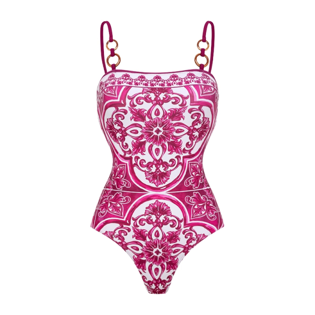Sling Classic Majolica Series Pattern Print One Piece Swimsuit and Skirt - Pink