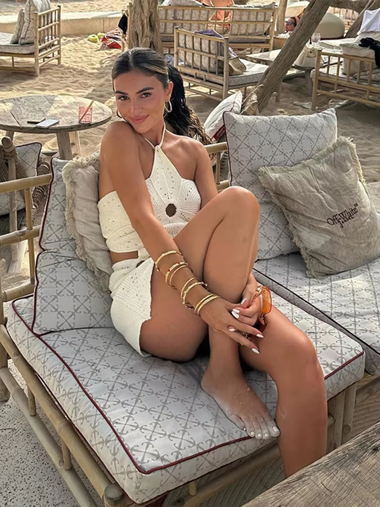 3D Flower Knit Crochet Halter Hollow Out Backless Dresses