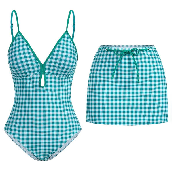 Women's Plaid Print One-Piece Swimsuit and Matching Skirt