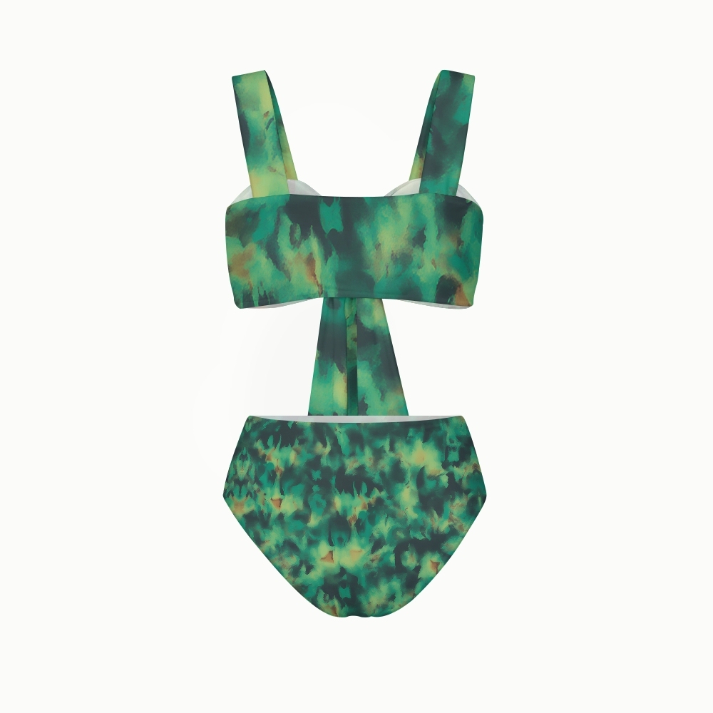 Abstract Camouflage Print Twist-Front Bikini Swimsuit with Matching Sarong Skirt