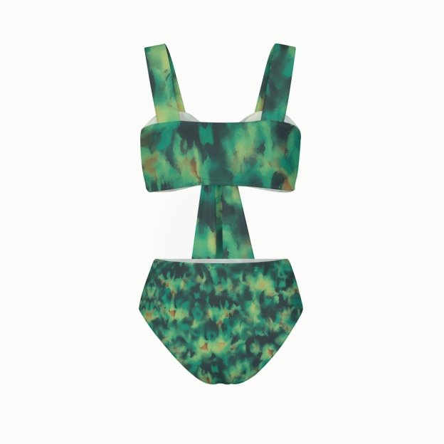 Abstract Camouflage Print Twist-Front Bikini Swimsuit with Matching Sarong Skirt