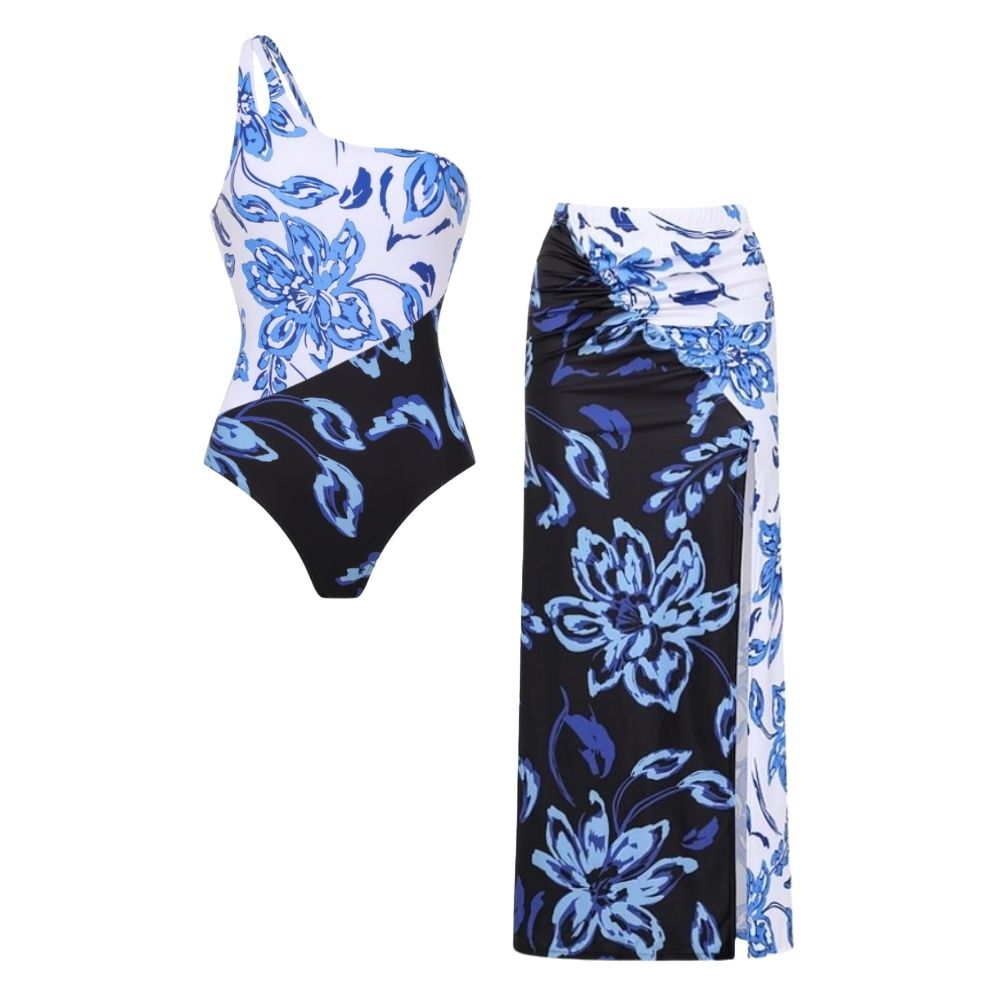 One Shoulder Color Block Printed One Piece Swimsuit and Skirt