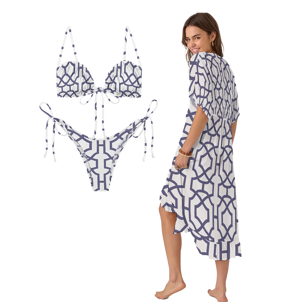 Geometric One-Piece Swimsuit with Matching Tie-Front Cover-Up