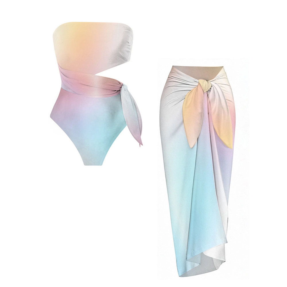 Elegant Gradient Side Knot Detail One-Piece Swimsuit and Sarong Skirt