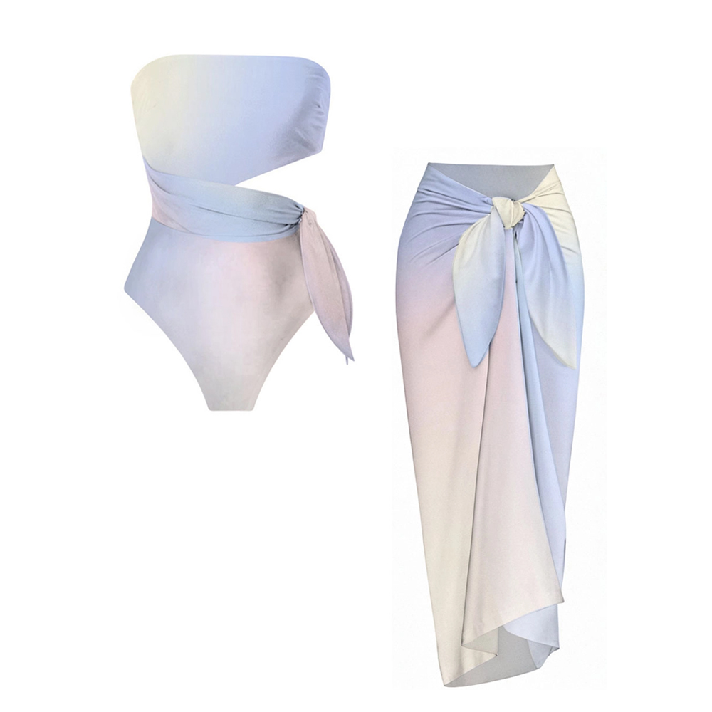 Elegant Gradient Side Knot Detail One-Piece Swimsuit and Sarong Skirt