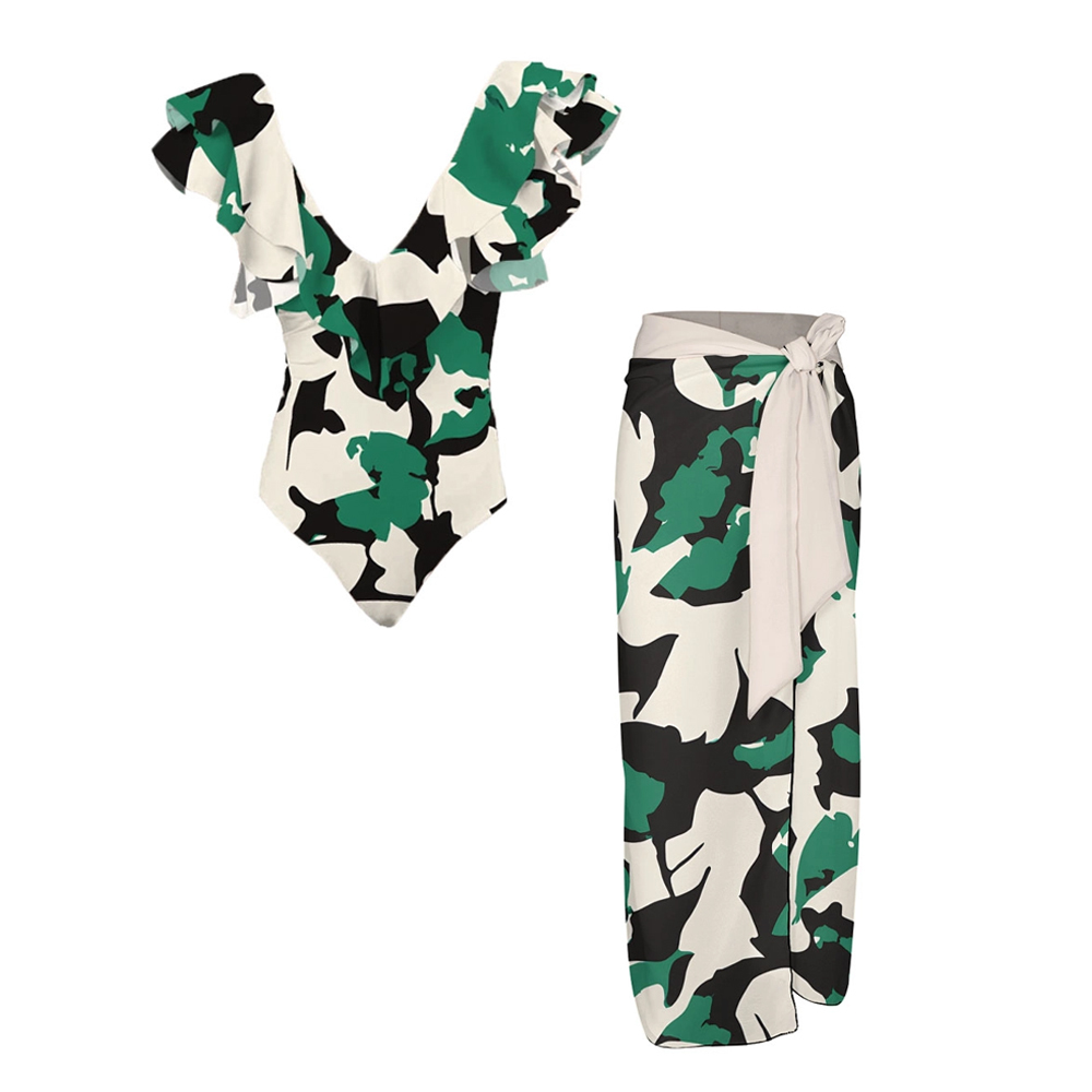 Ruffled Camouflage Print V-Neck One-Piece Swimsuit and Sarong Skirt