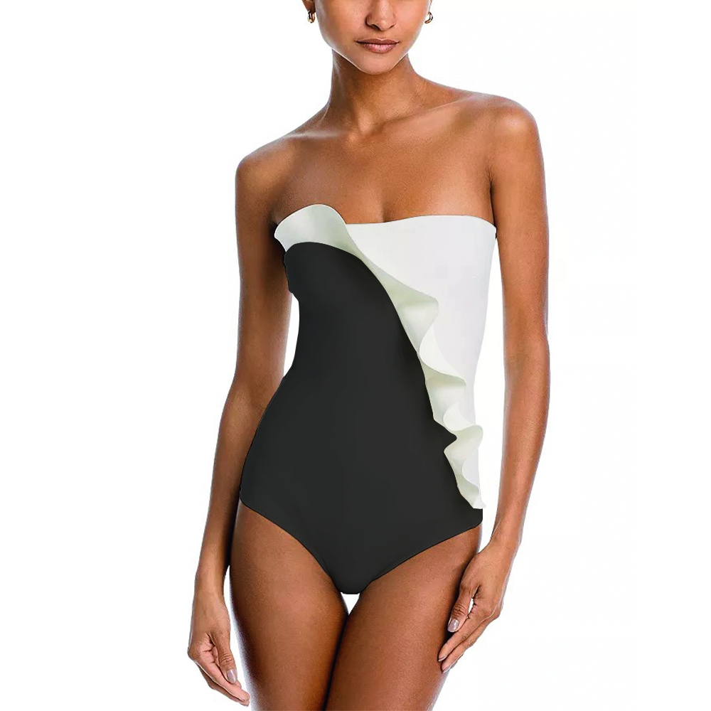 Black & White Contrast Ruffle One-Piece Swimsuit with Matching Slit Skirt