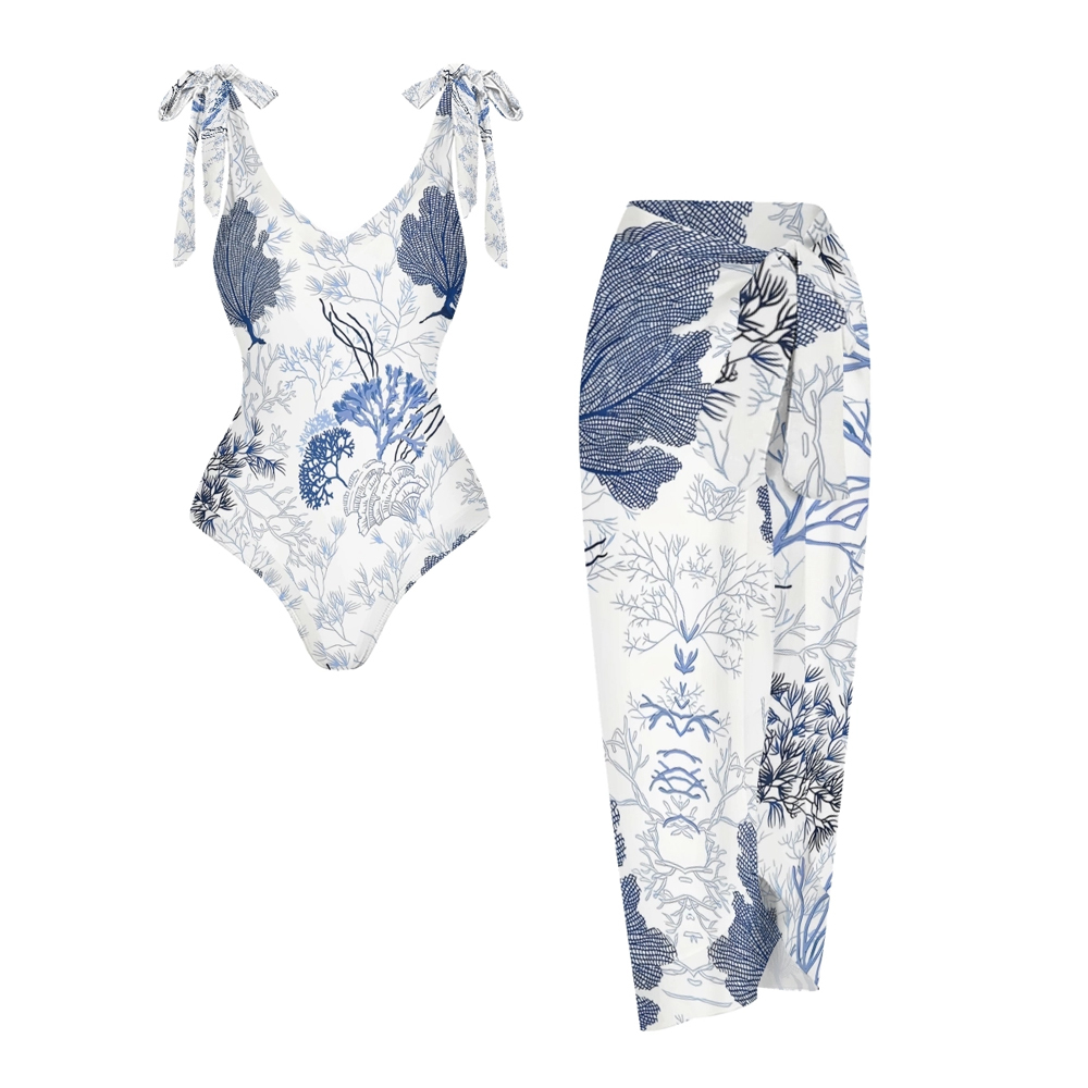 Elegant Resort Style Swimsuit Set Coral Print One Piece and Lightweigh