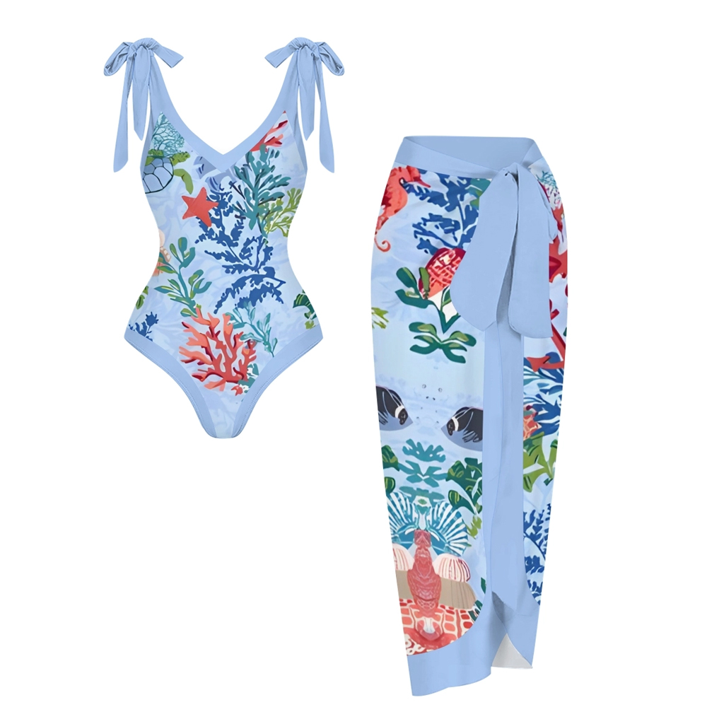 Women's Ocean Print One Piece Swimsuit with Matching Wrap Skirt Beachwear Set