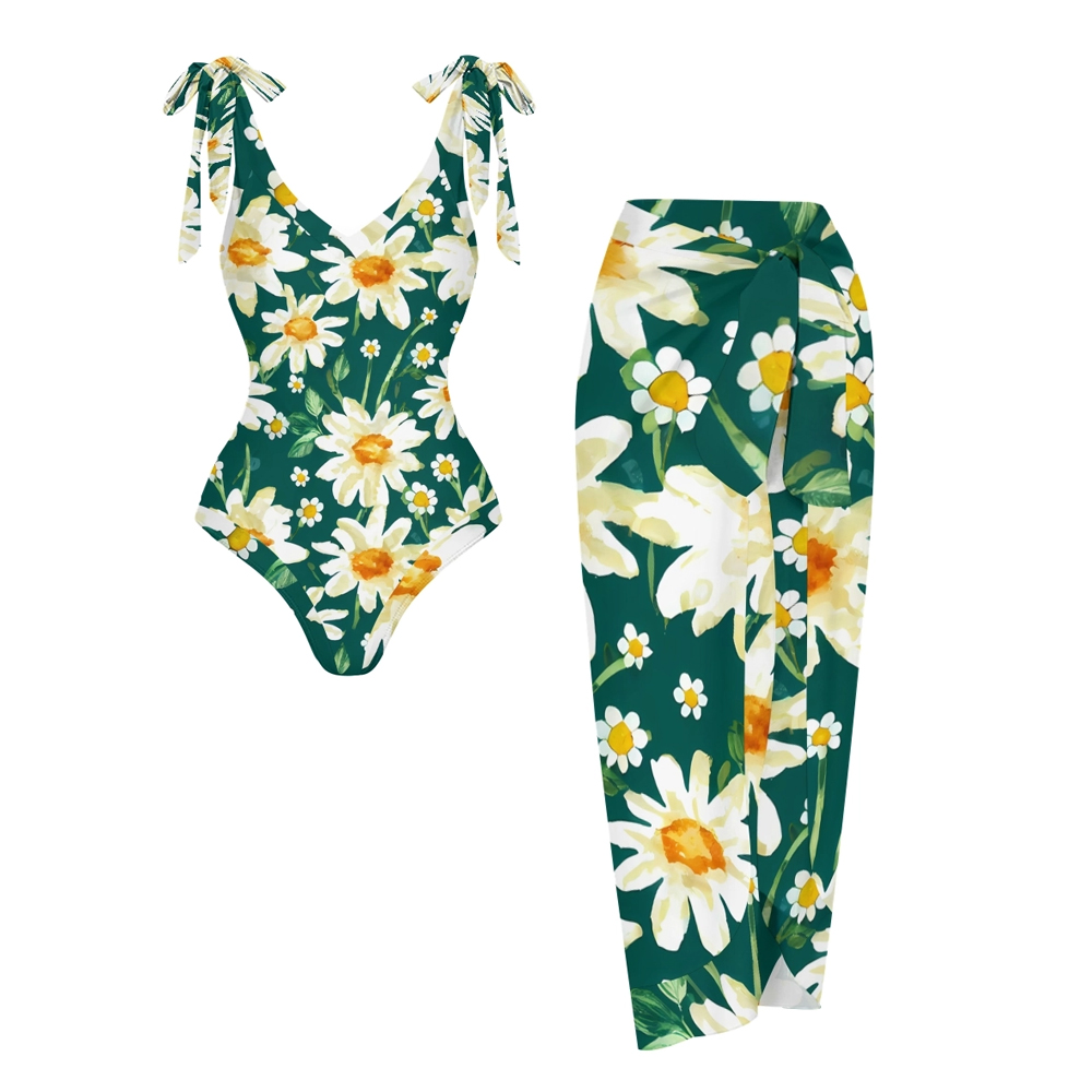 Floral Swimwear Set for Women Dark Green Daisy Monokini and High Waist Skirt
