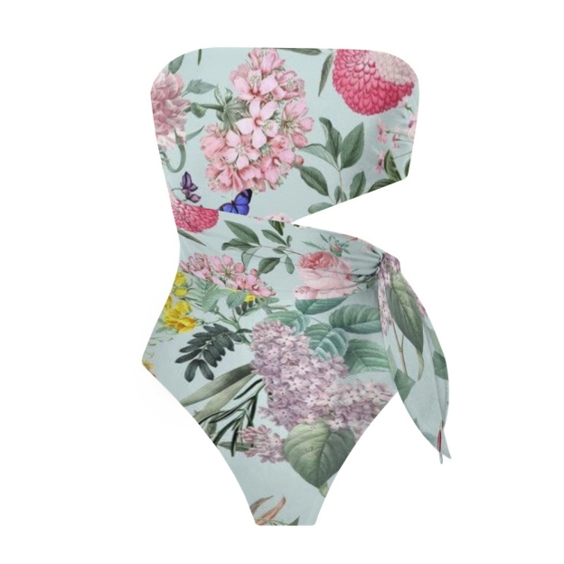 Strapless Floral Side Cutout One-Piece Swimsuit and Matching Sarong
