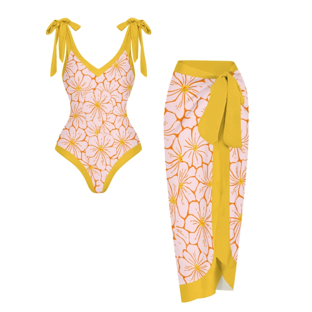 Women's Floral One Piece Swimsuit with Matching Wrap Skirt Yellow Trim Beachwear Set