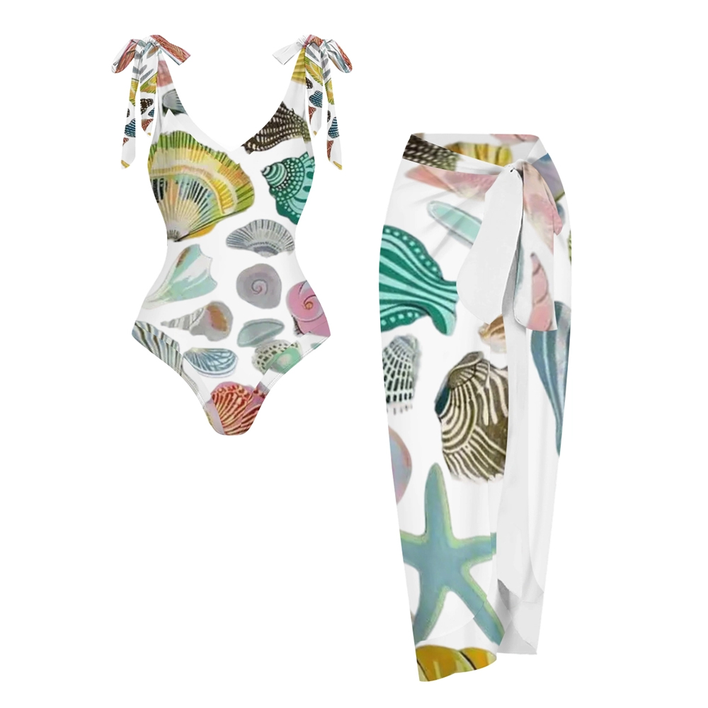 Ocean Theme Swimwear Set for Women Shell and Starfish Print Monokini with Skirt