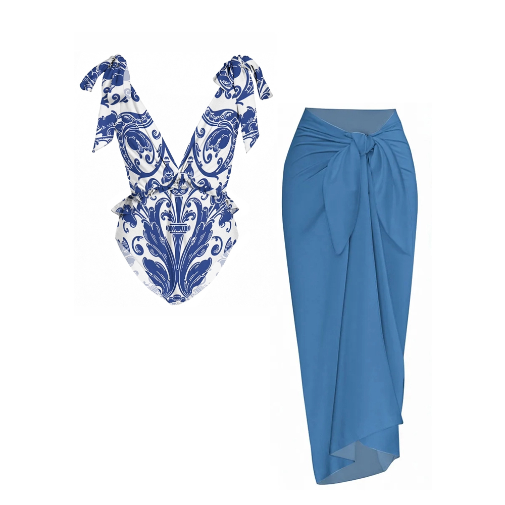 Women's Baroque V-Neck One-Piece Swimsuit with Sarong Skirt