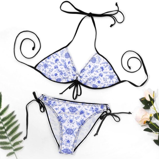 Blue Floral Print Halter Bikini Set with Matching Sarong Skirt