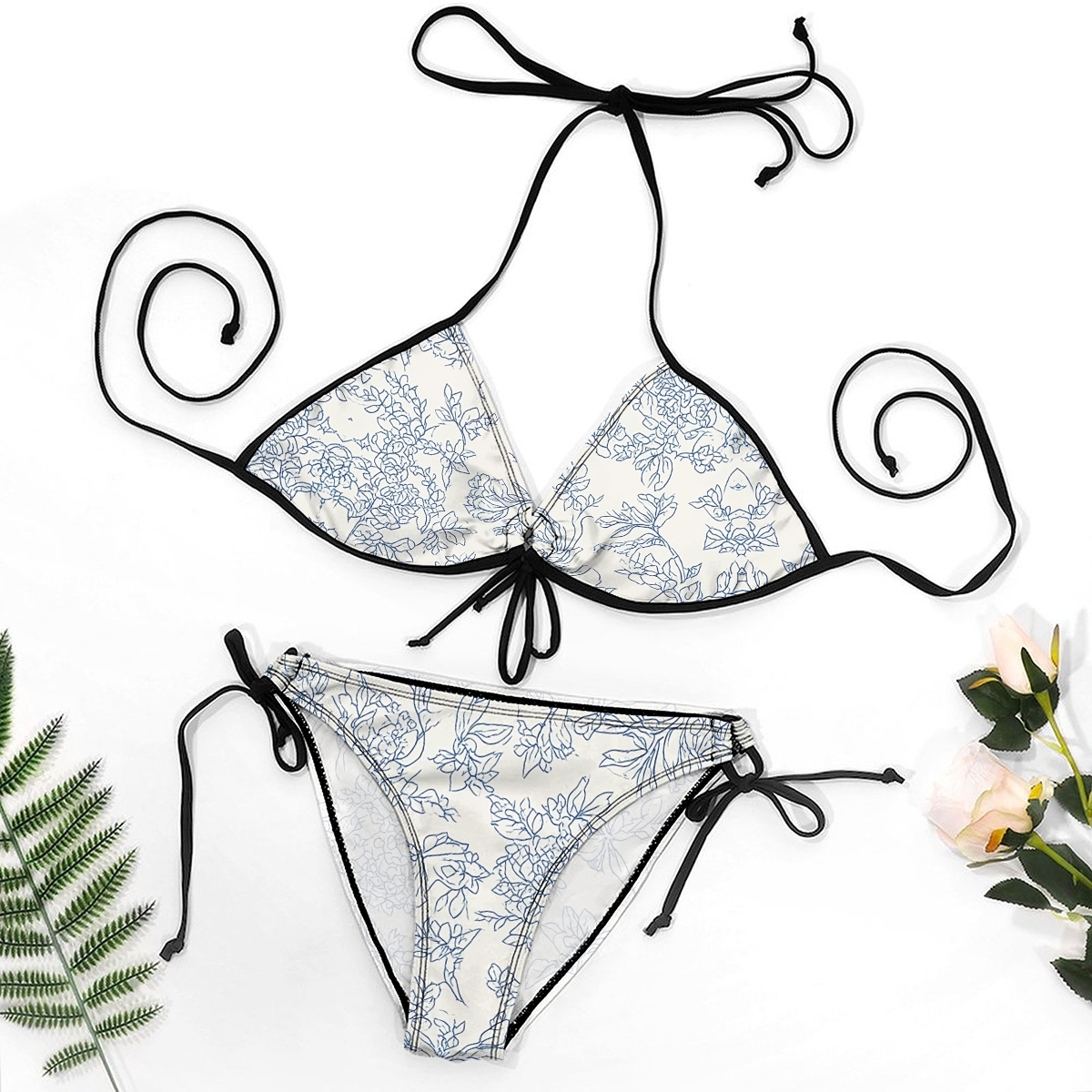 Minimalist Floral Line Halter Bikini Set with Matching Sarong Skirt