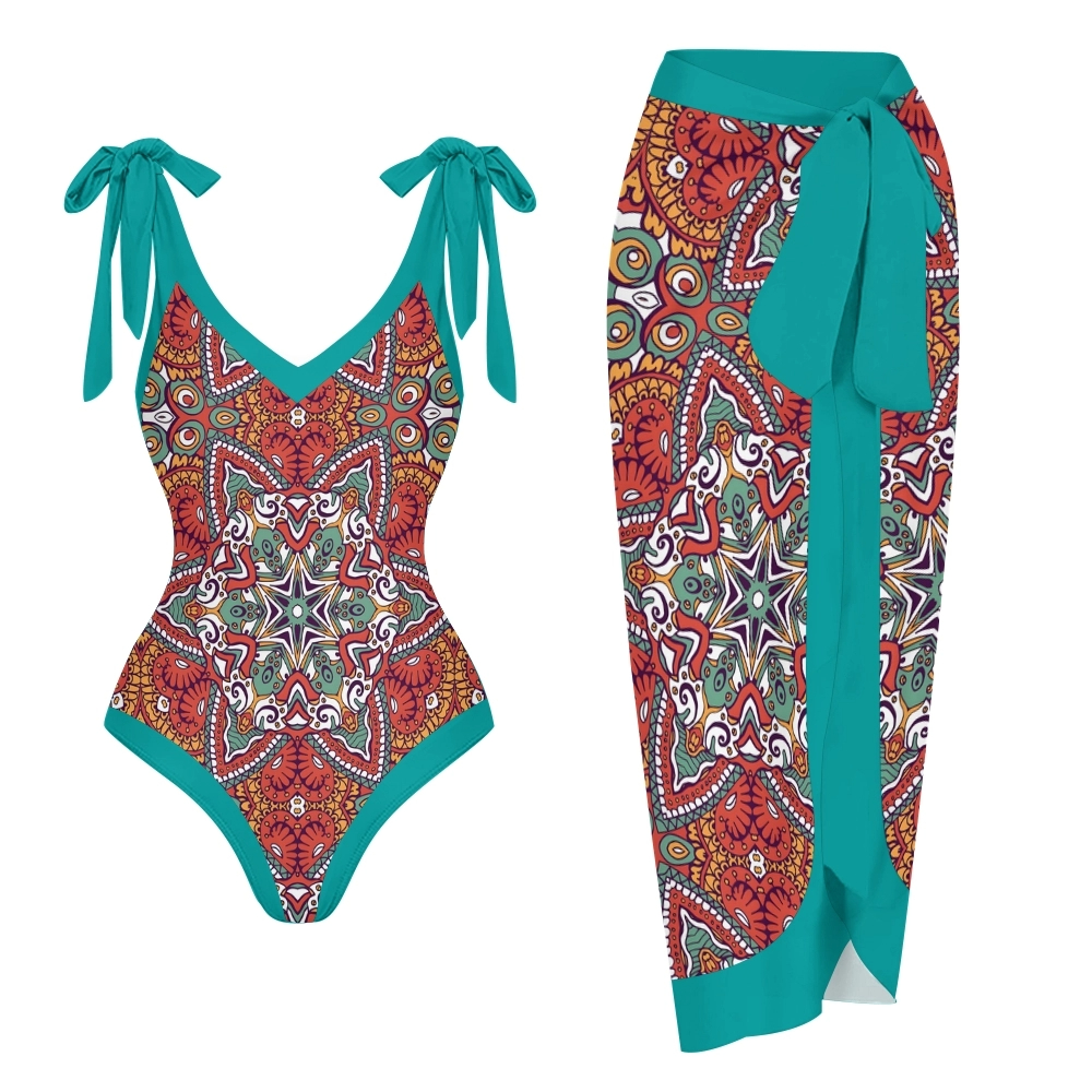 Women's Bohemian One Piece Swimsuit set with Printed Beach Skirt