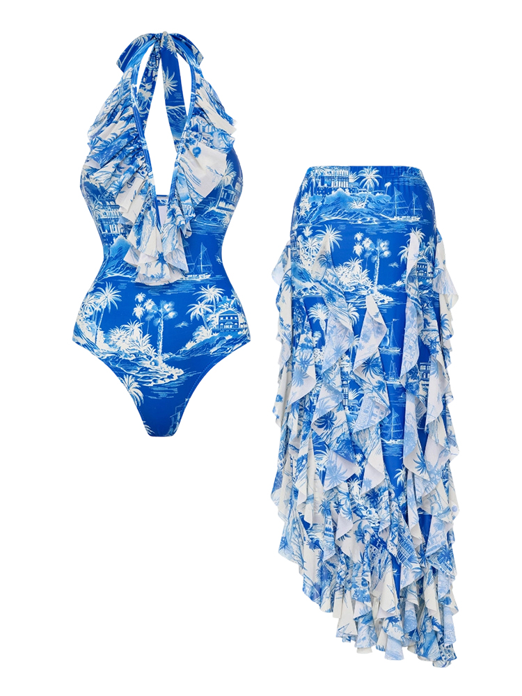 New Blue Palm Tree Island Print Halter One-Piece with Skirt