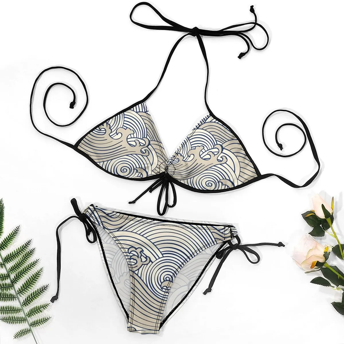 Stylish Bikini Set Ukiyoe Style Wave Pattern with Adjustable Tie Bottoms