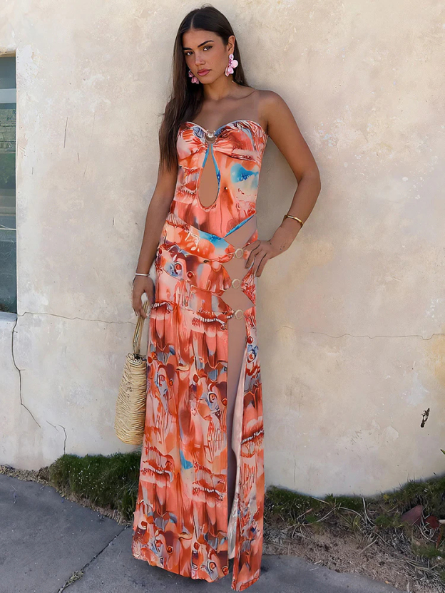 Backless Hollow Side Slit Printed Tube Top Midi Dress