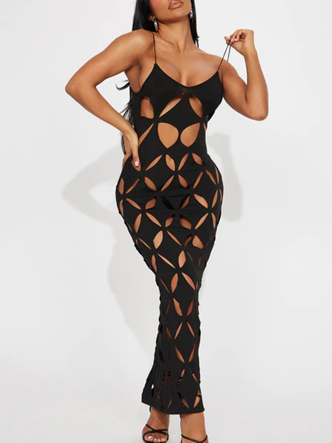 Black Laser-cut Maxi Dress Cover-up and Black Bikini