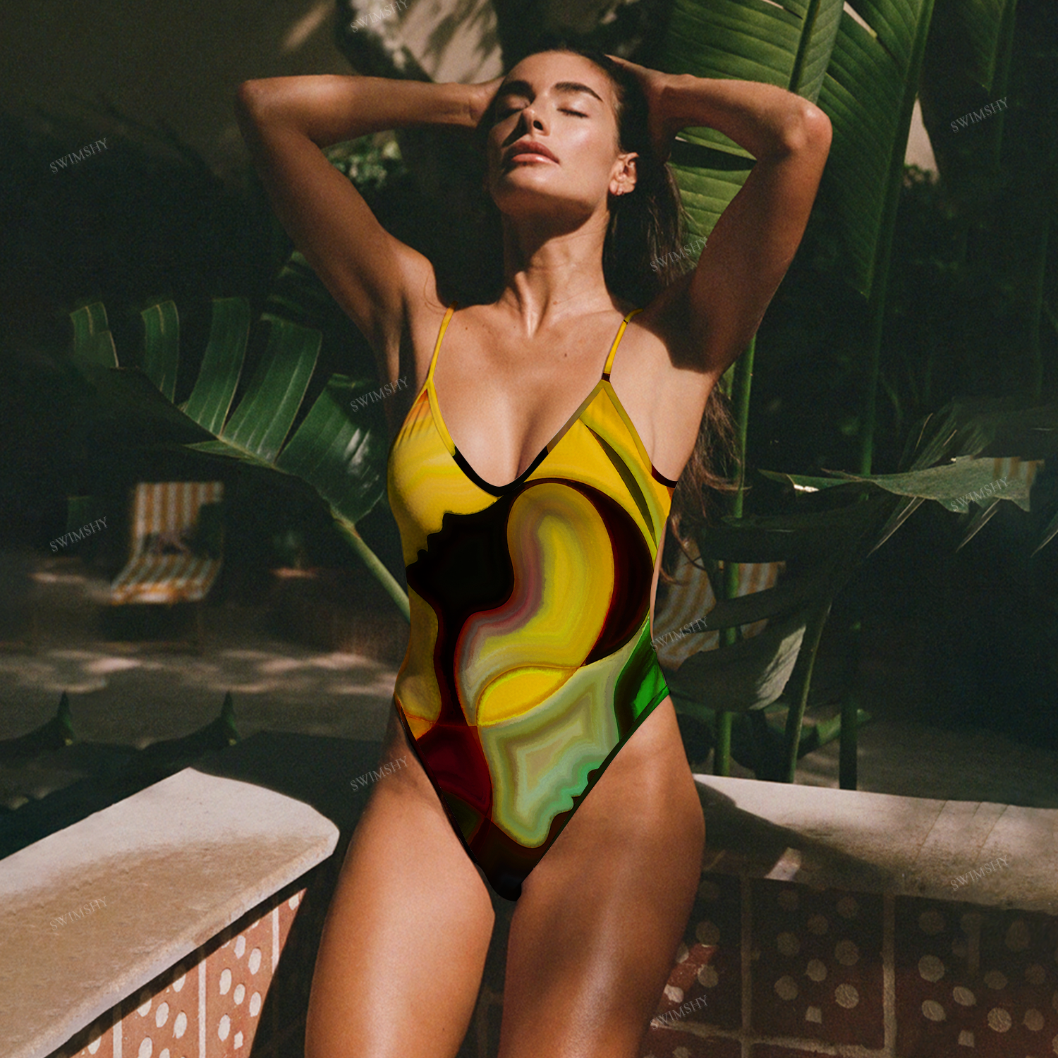 Face Fluid Print Plunging V-Neck One-Piece Swimsuit