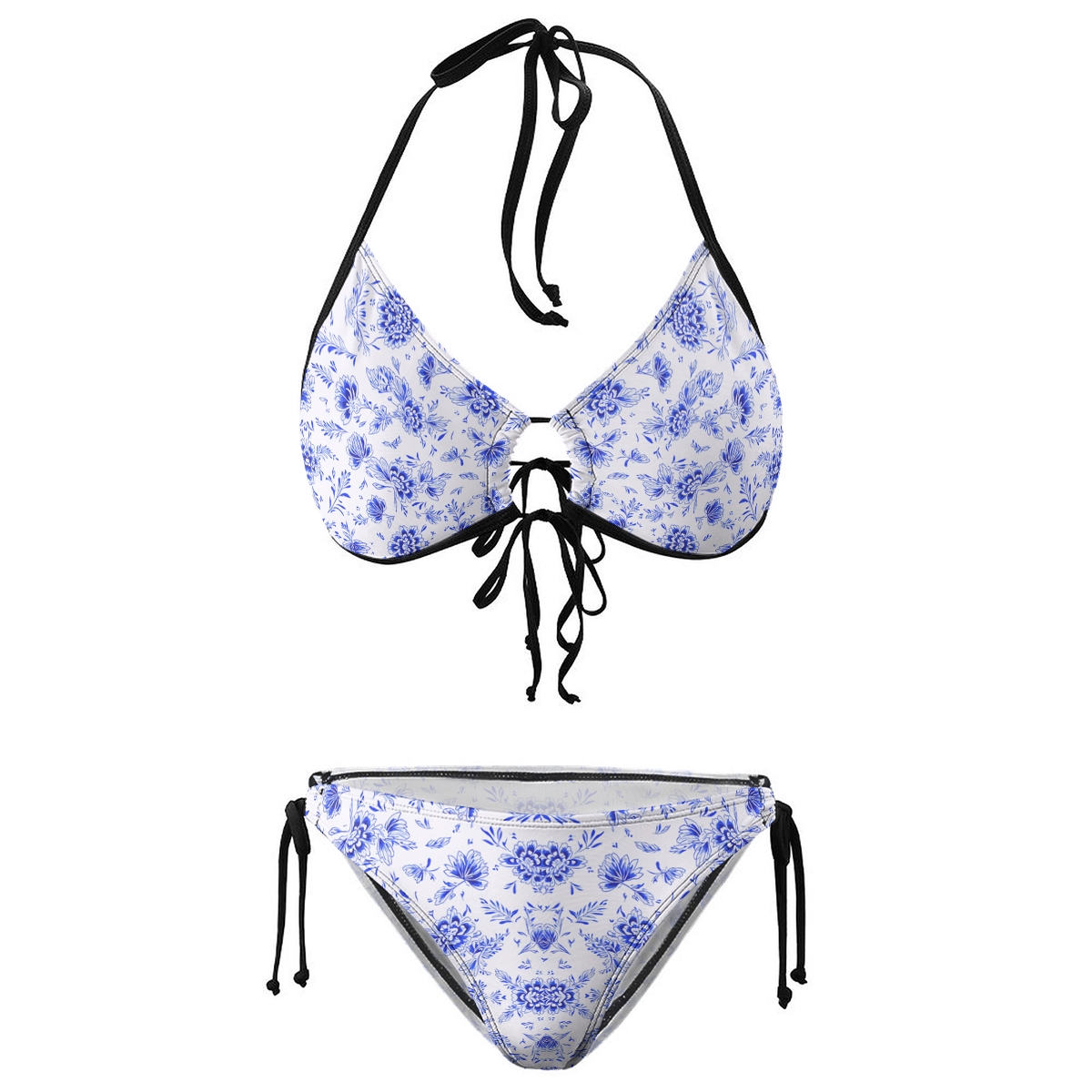 Blue Floral Print Halter Bikini Set with Matching Sarong Skirt