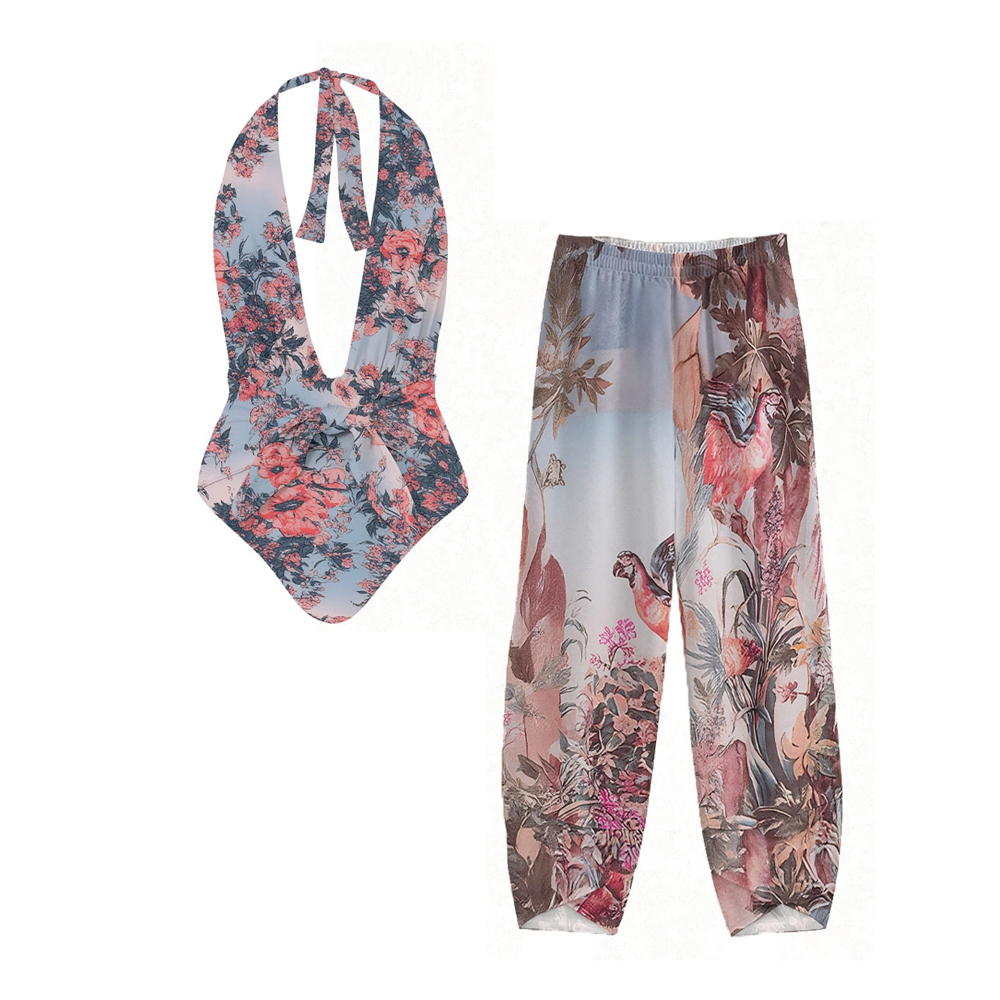 Tropical Floral Halter One-Piece Swimsuit with Scenic Print Pants Set