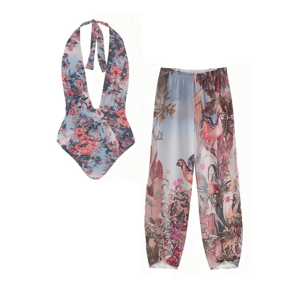 Tropical Floral Halter One-Piece Swimsuit with Scenic Print Pants Set
