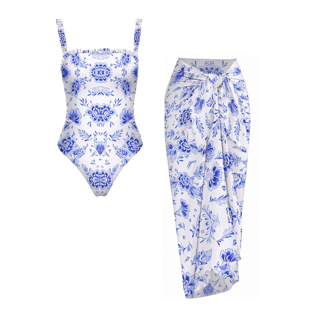 Blue Floral Print Straight Neckline One-Piece Swimsuit and Sarong Skir