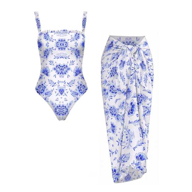 Blue Floral Print Straight Neckline One-Piece Swimsuit and Sarong Skirt