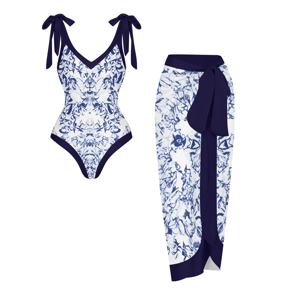 Blue Floral Tie Shoulder Straps One-Piece Swimsuit and Sarong Skirt