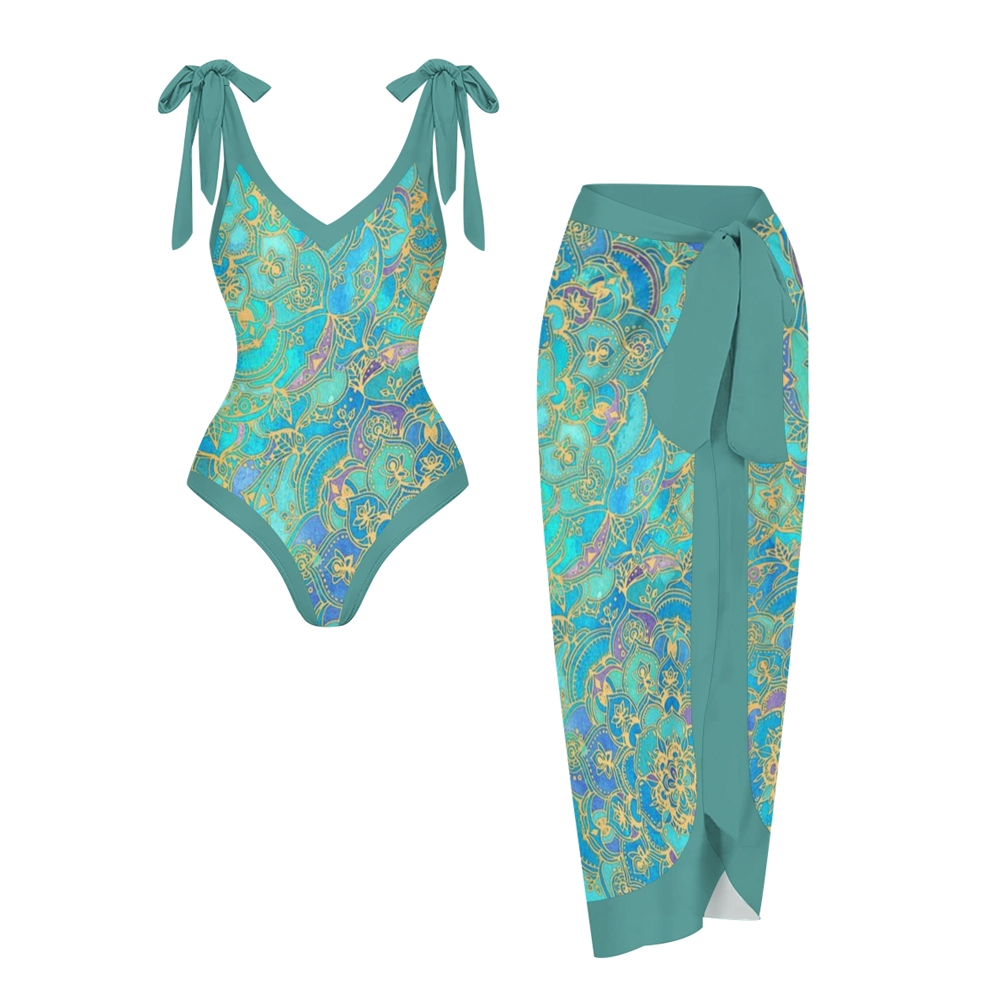 Bohemian Paisley Print One-Piece Swimsuit with Matching Sarong Skirt