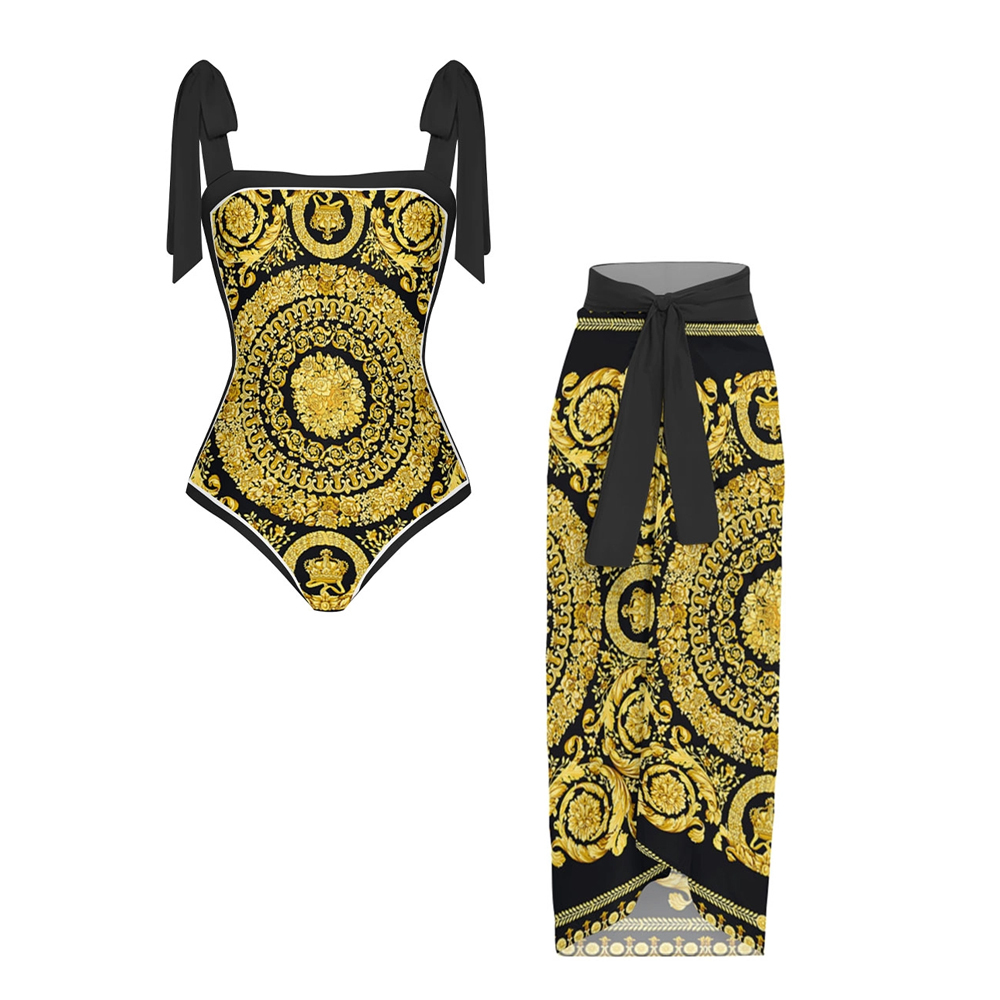 Baroque Print Straight Neckline One-Piece Swimsuit with Matching Sarong Skirt