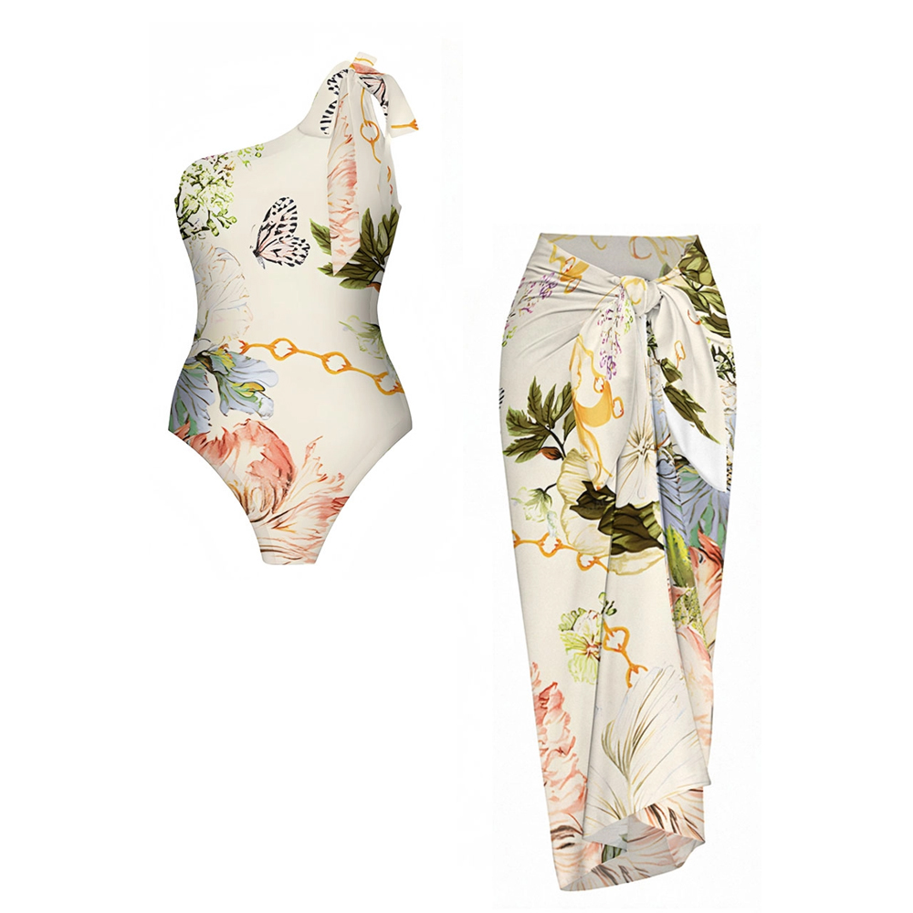 Floral Butterfly One-Shoulder One-Piece Swimsuit with Matching Sarong Skirt