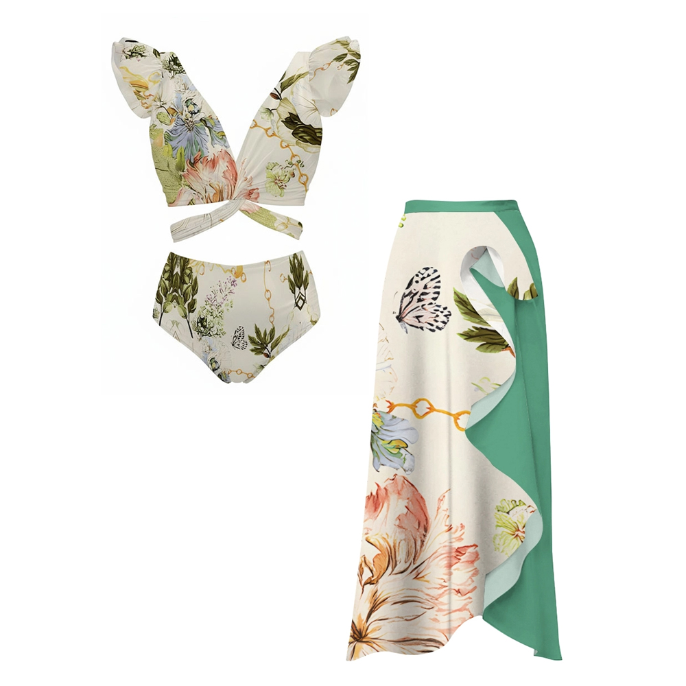 Floral Butterfly Print Deep V Ruffle with Twisted Front Bikini and Sarong Skirt
