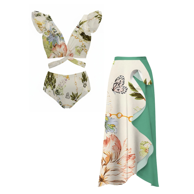 Floral Butterfly Print Deep V Ruffle with Twisted Front Bikini and Sarong Skirt