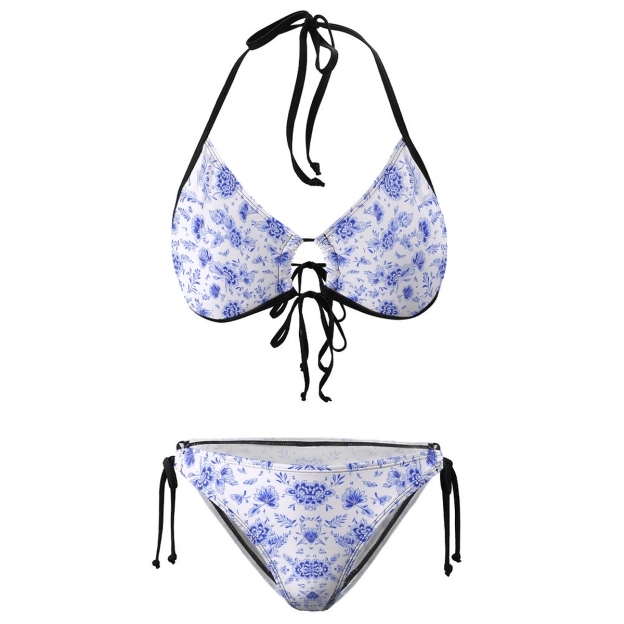 Blue Floral Print Halter Bikini Set with Matching Sarong Skirt