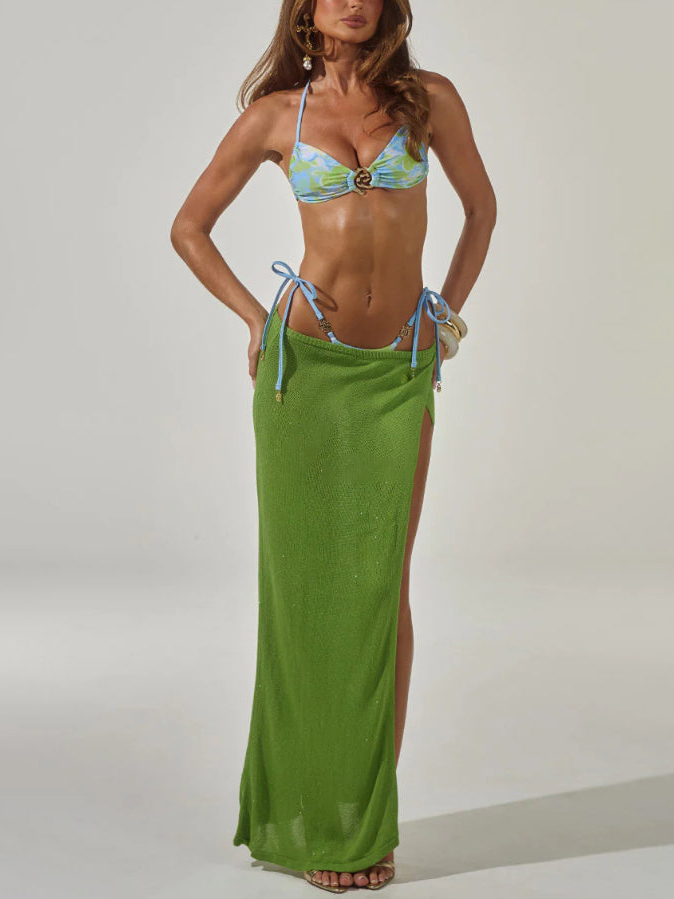 Elegant Bikini Set with High-slit Casual Knitted Cover-up Maxi Skirt