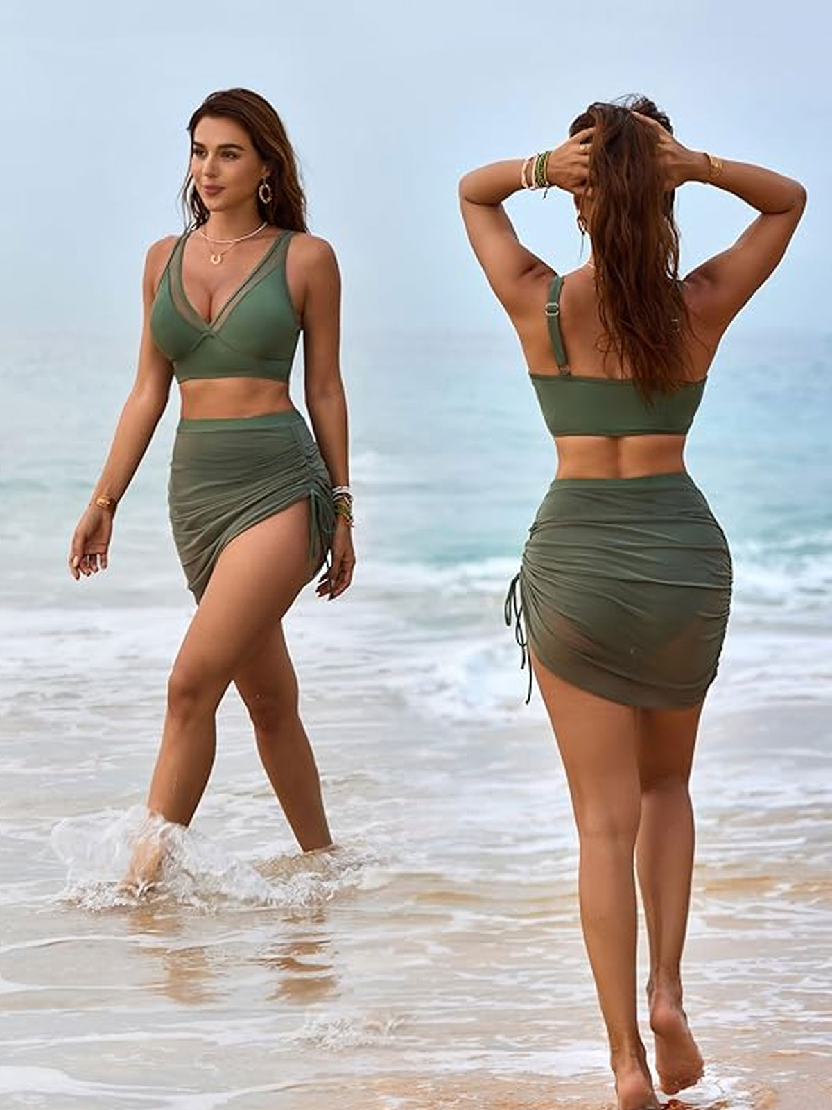 Swim Skirt Bikini Sets Tummy Control Swimsuits Mesh Sarong Wraps Bathing Suits