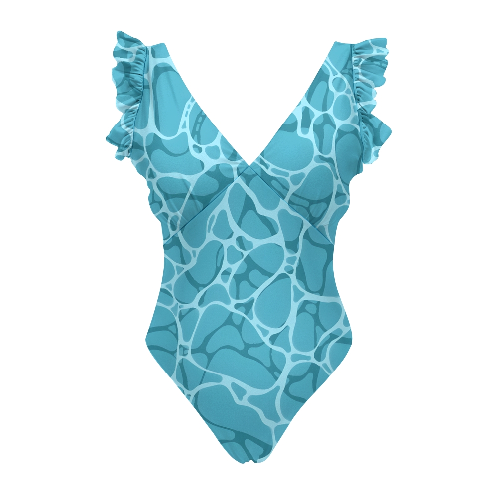 Ruffle V-Neck Aqua Ripple One-Piece Swimsuit and Flowing Tiered Maxi Skirt