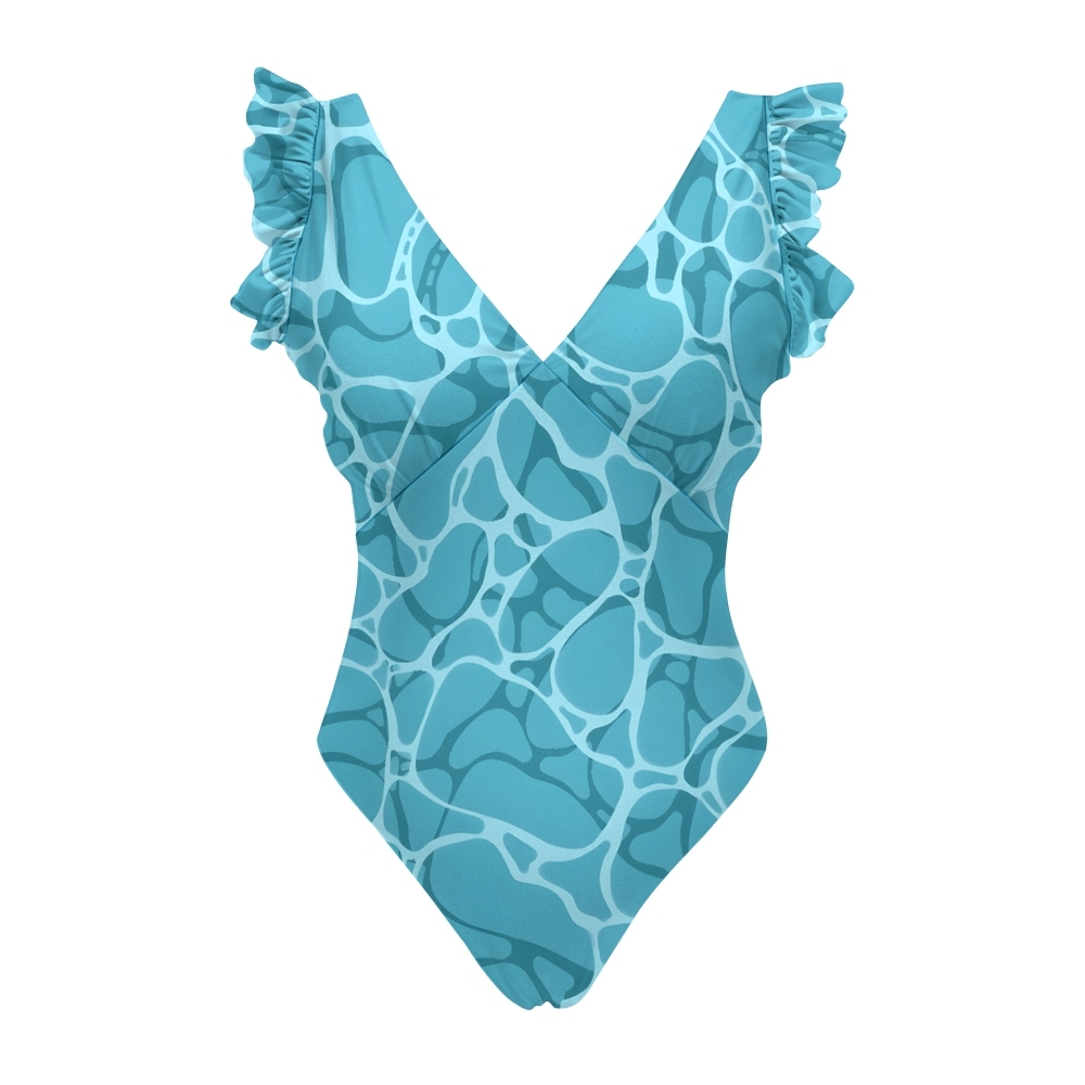 Ruffle V-Neck Aqua Ripple One-Piece Swimsuit and Flowing Tiered Maxi Skirt