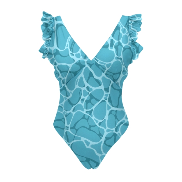 Ruffle V-Neck Aqua Ripple One-Piece Swimsuit and Flowing Tiered Maxi Skirt