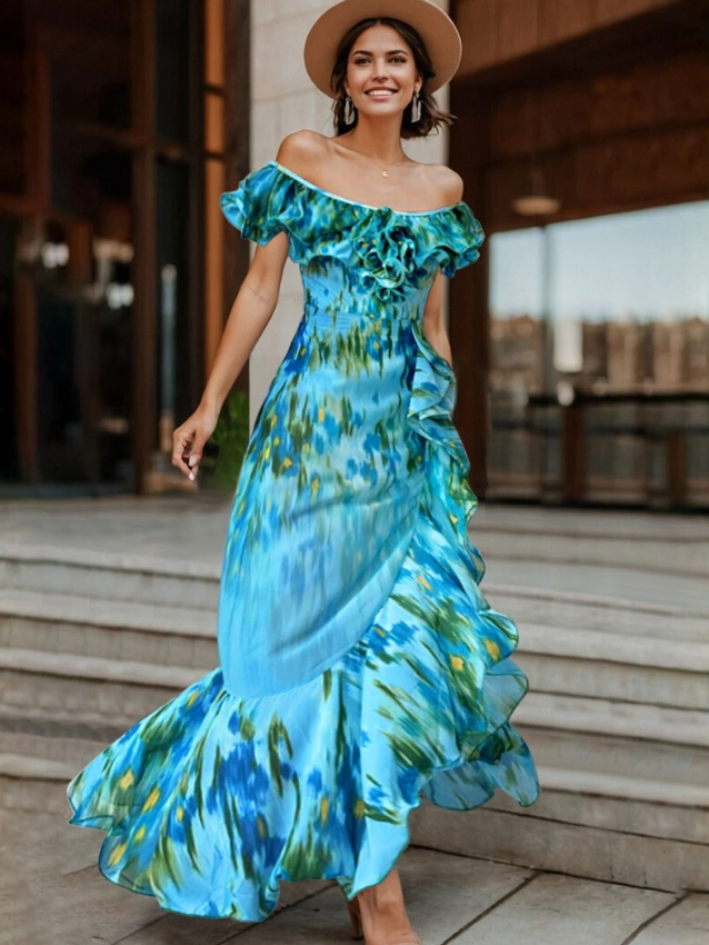 Lake Blue Water Lily Print Off Shoulder One-Piece with Ruffle Maxi Skirt