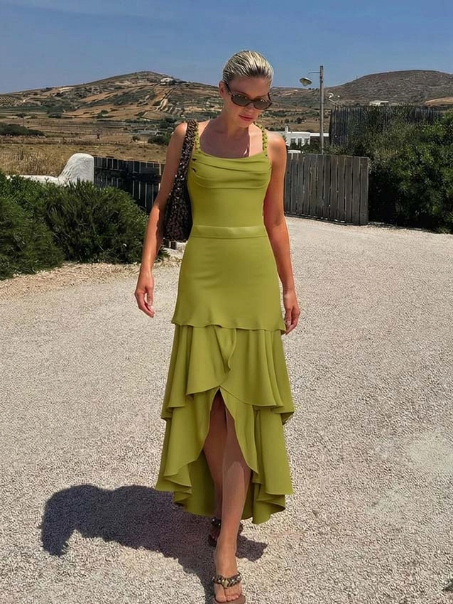 Retro Mustard Yellow Twist Strap Bandeau One Piece Swimsuit with Asymmetrical Ruffle Maxi Skirt Set