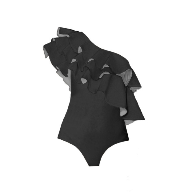 Black One-Shoulder Ruffle One-Piece Swimsuit with Artistic Sarong Skirt