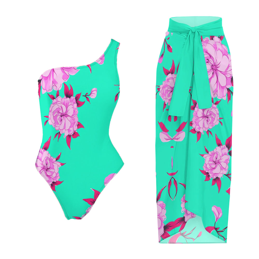 Women's Tropical Floral One-Shoulder One-Piece Swimsuit with Matching Sarong Skirt