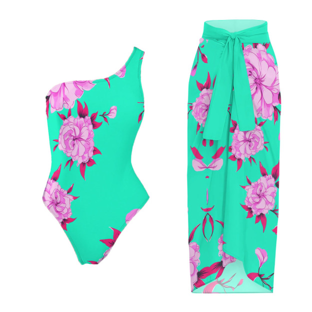 Women's Tropical Floral One-Shoulder One-Piece Swimsuit with Matching Sarong Skirt