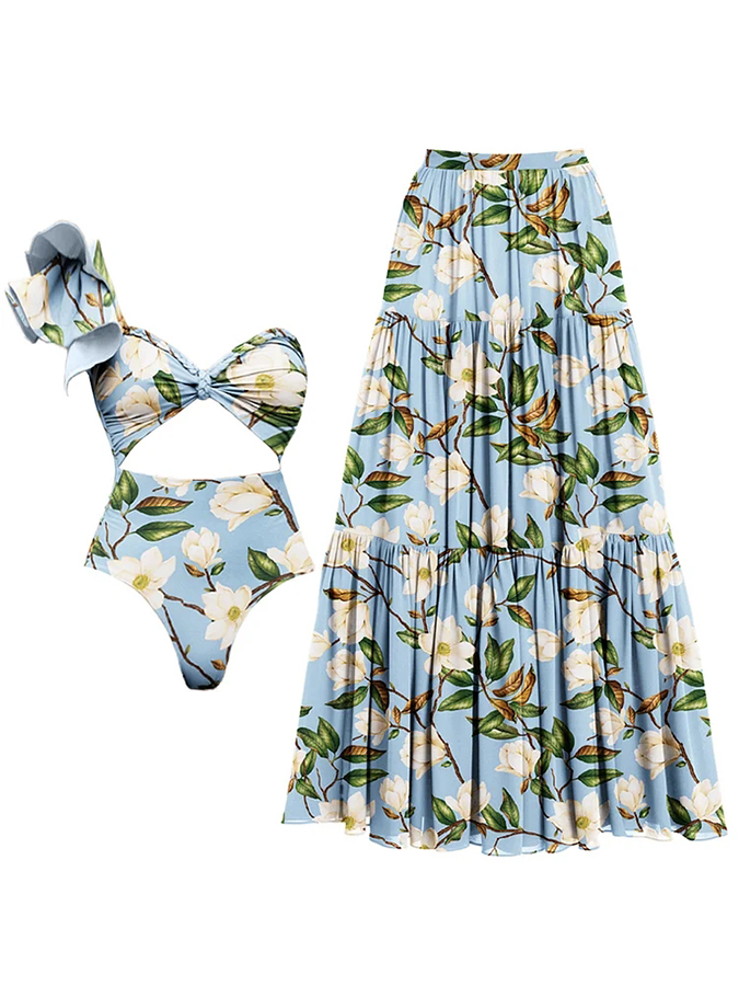 Floral Printed Ruffle One Piece Swimsuit and Skirt
